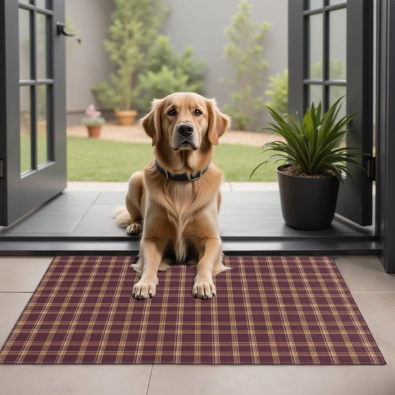 Maroon Yellow Checkerboard Maroon Pattern Indoor Door Mat 20”x32", Washable Non-Slip Decorative Rug for Entrance, Kitchen, Bathroom