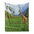 thumbnail image 1 of Nature Soft Flannel Fleece Throw Blanket, Giraffe Goes on Grass Against Mountain Tropical Landscape, Cozy Plush for Indoor and Outdoor Use, 50" x 70", Fern Green Baby Blue, by Ambesonne, 1 of 6