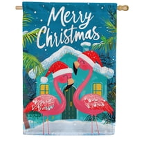 America Forever Festive Flamingos House Flag, 28 x 40 inch Double Sided, Christmas Santa Hat Banner, Tropical Pink Bird Holiday Outdoor Decor, Merry Christmas Outside Decorations Yard Flag