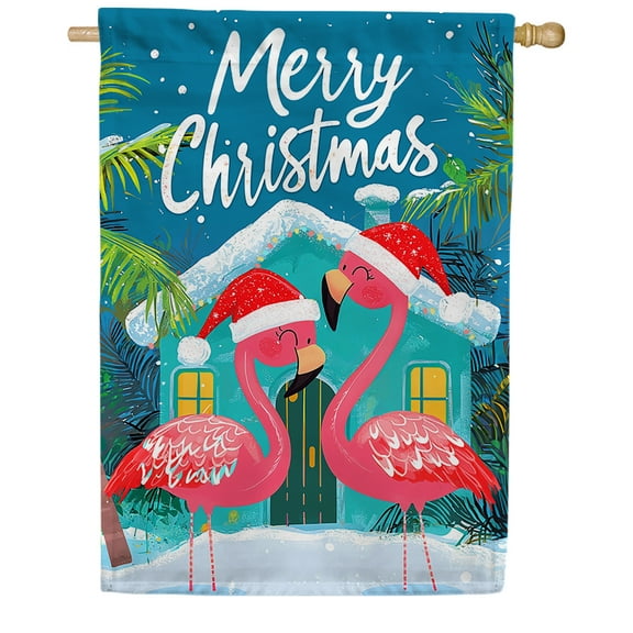 America Forever Festive Flamingos House Flag, 28 x 40 inch Double Sided, Christmas Santa Hat Banner, Tropical Pink Bird Holiday Outdoor Decor, Merry Christmas Outside Decorations Yard Flag