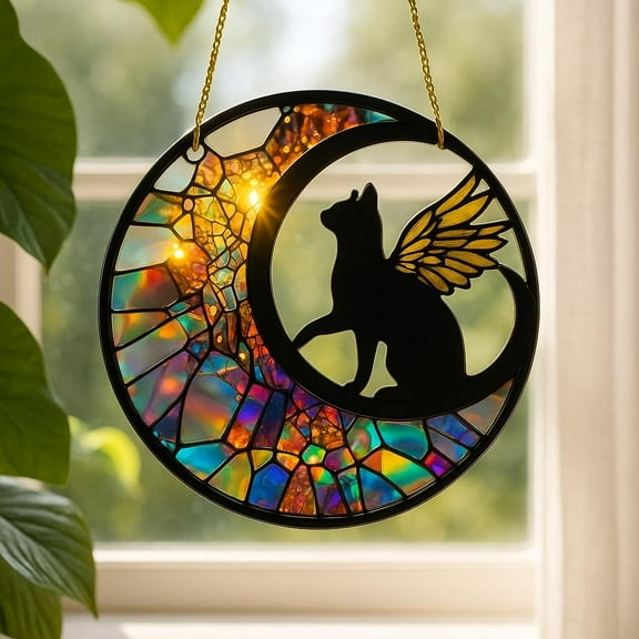 Black Cat On Moon Acrylic Suncatcher, Black Cat Sun Catcher Ornament, Cat Glass Window Hanging,Fantasy Black Cat Memorial Decor,Witchy Decor