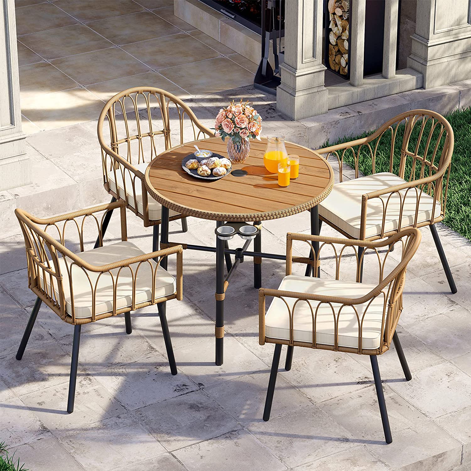 Dextrus 5 pieces Outdoor Patio Dining Table Set, 4 Rattan Wicker Dining Chair and Round Table With Umbrella Hole, Sectional Conversation Set for Backyard, Balcony, Garden, Lawn - image 5 of 9