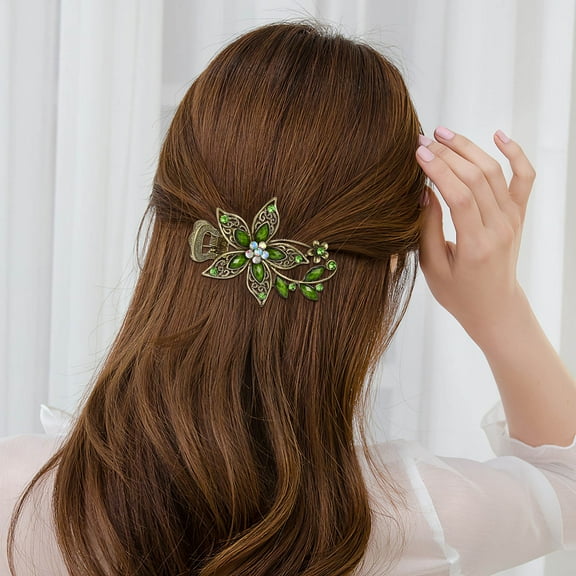 Soimiss Green Rhinestone Flower Hair Clip for Women Easy to Use on Thick or Thin Hair