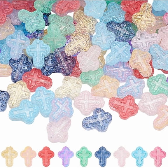1 Box 150Pcs Transparent Cross Bead Glass Crucifix Beads Bulk Mixed Color Spray Painted Small Easter Crosses Spacers for Jewelry Making Accessories Bracelets Earrings DIY Craft