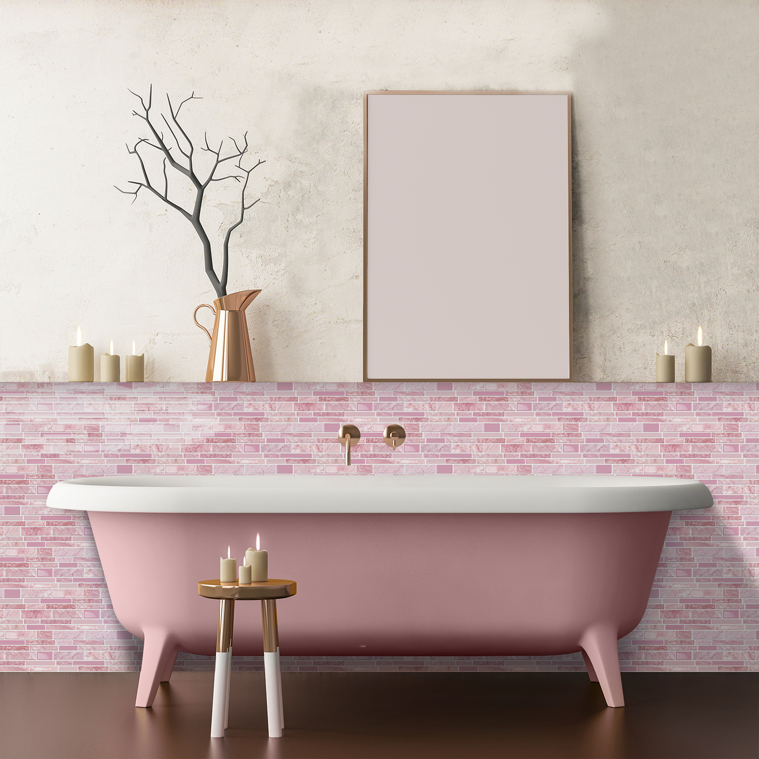 12Piece Pink Marbling 3D Tiles Stickers 4.72 x 9.68inch DIY Decor Wall Decals Self Adhesive Waterproof Peel and Stick Kitchen Backsplash