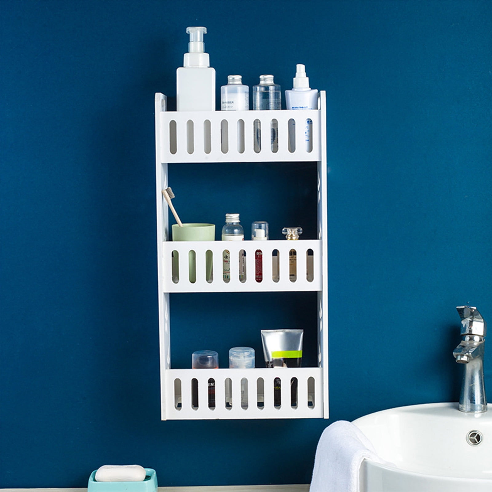 Gnmfd 3 Tier Wall Mounted Bathroom Organizer for Shower Storage, Space Saving Bathroom Rack for Shampoo Towels Toiletries, Rustproof Waterproof PVC, Apartment Dorm Laundry Room Storage Solution