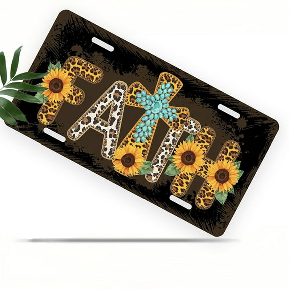License Plate, Faith with Cross and Sunflowers Decorative Front,Personalized Stainless Steel License Plate Cover For Men Women,12.2" X 6.2"