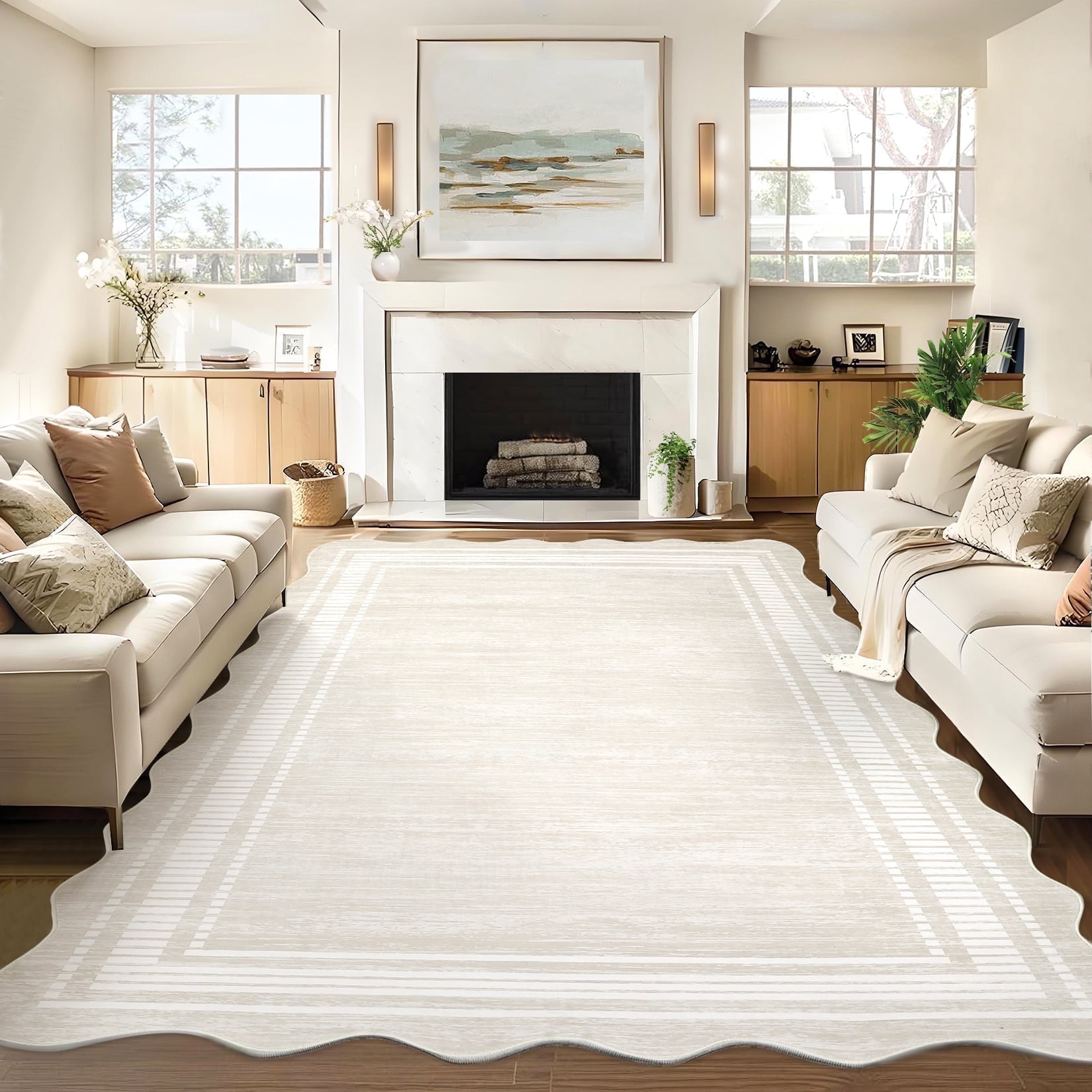 Garvee Modern Bordered Area Rugs, 8'x10' Abstract Aesthetic Soft Living Room Rug Irregular Non-Slip Low-Pile Scalloped Rugs Carpet for Bedroom Dining Room Home Office, Beige