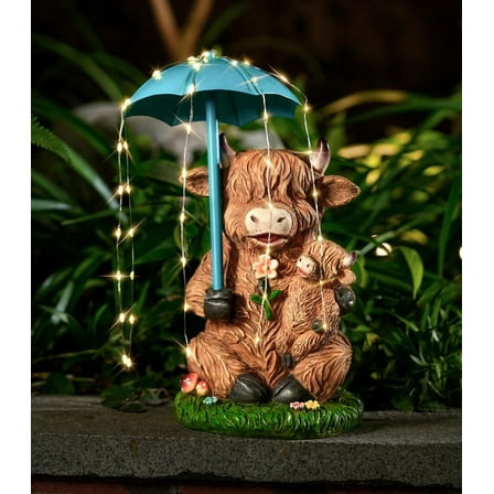 Solar Garden Statues Resin Loving Highland Cow Umbrella Lights Outdoor Decor Gifts for Yard, Patio Decorations