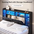 thumbnail image 4 of Queen Size Gaming Bed Frame with 2 Storage Drawers, LED Lights & Charging Station, Esports-Style Upholstered Platform Queen Beds with Bookcase Headboard, No Box Spring Needed, Black, 4 of 9