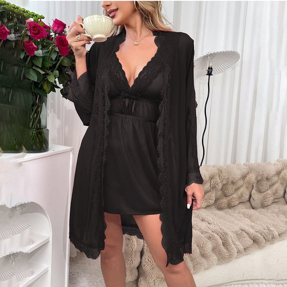 SwiftWear Women's Lace Chemise Set with Robe Sheer V-Neck Sleepwear Elegant Two Piece Set for Bedroom & Anniversary Valentines Day Gift​, Black