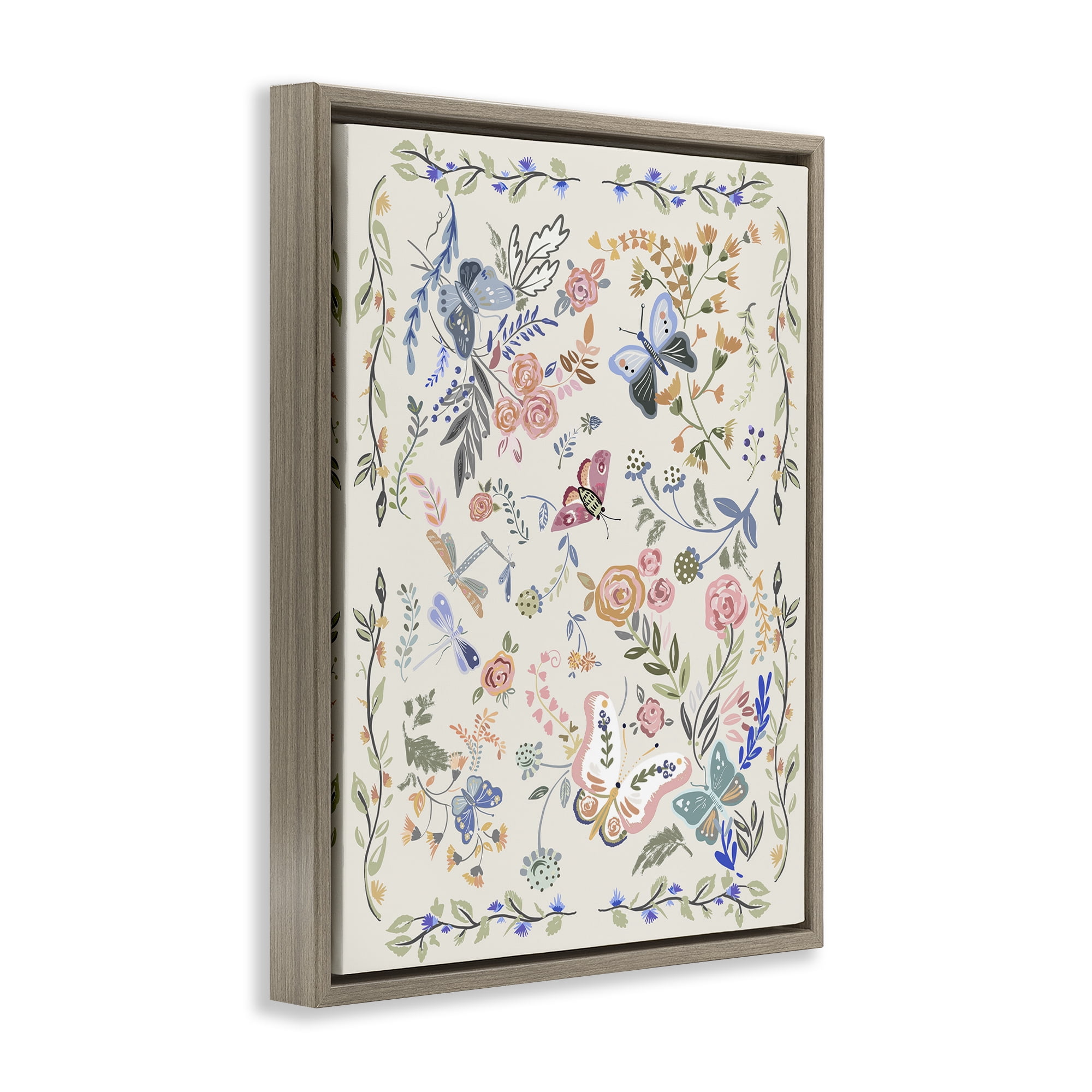 Stupell Industries Flowers & Garden Friends Animals Painting Brown Floater Framed Canvas Art Print Wall Art, 17 x 21
