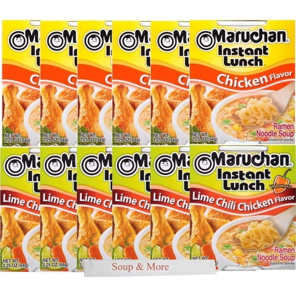 Maruchan Ramen Instant Cup Noodles 12 Count - 6 Chicken Flavor & 6 Lime Chili Chicken Flavor Lunch / Dinner Variety, 2 Flavors