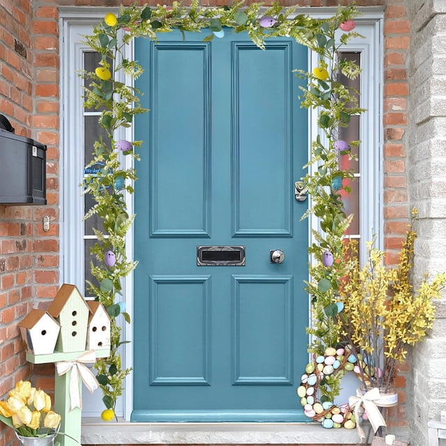 Guirnalda decorativa de ratán con huevos de Pascua de imitación, 180 cm, adorno colgante de plástico multicolor | Vegetación artificial realista | Decoración para interiores y exteriores, hogar,