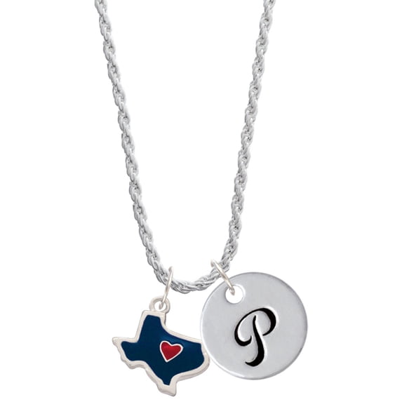 Delight Jewelry Silvertone Blue Texas with Red Heart Silvertone Script Initial Disc - P - Charm Necklace, 20"+3"