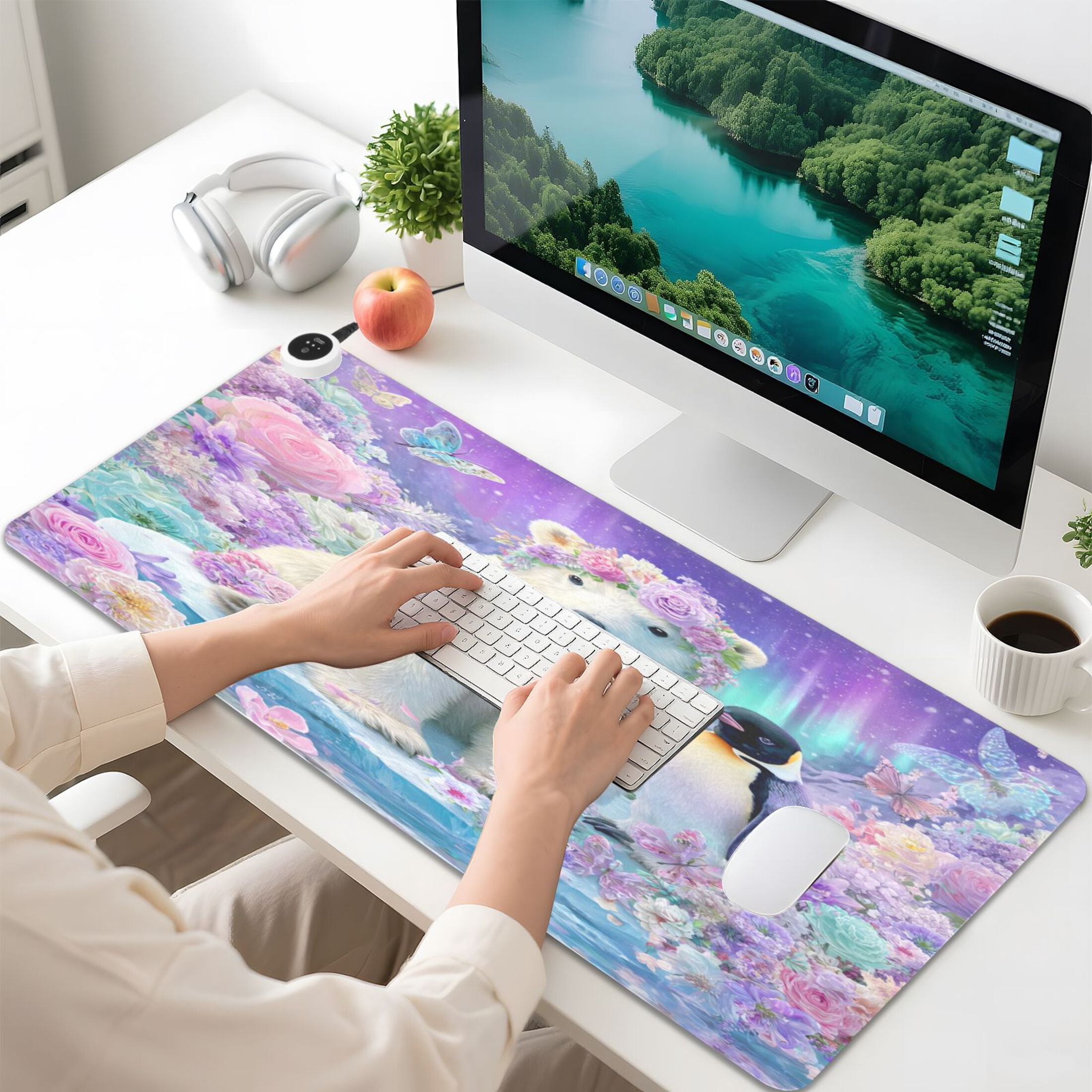 Large Heated Desk Mat Mouse Pad 31.5"x13"PU Leather Graphene Heating Desk Warmer with 3 Temperature Settings 110V US Plug Non-Slip Warm Pad for Home, Office, and Gaming Polar Bear and Penguin Pattern