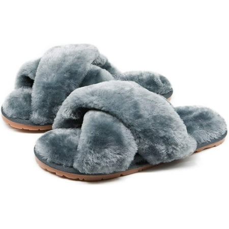 

Women s Fuzzy Fluffy Furry Fur Slippers Flip Flop Open Toe Cozy House Memory Foam Sandals Slides Soft Flat Comfy Anti-Slip Spa Indoor Outdoor Slip on 06/Grey 9 F98724