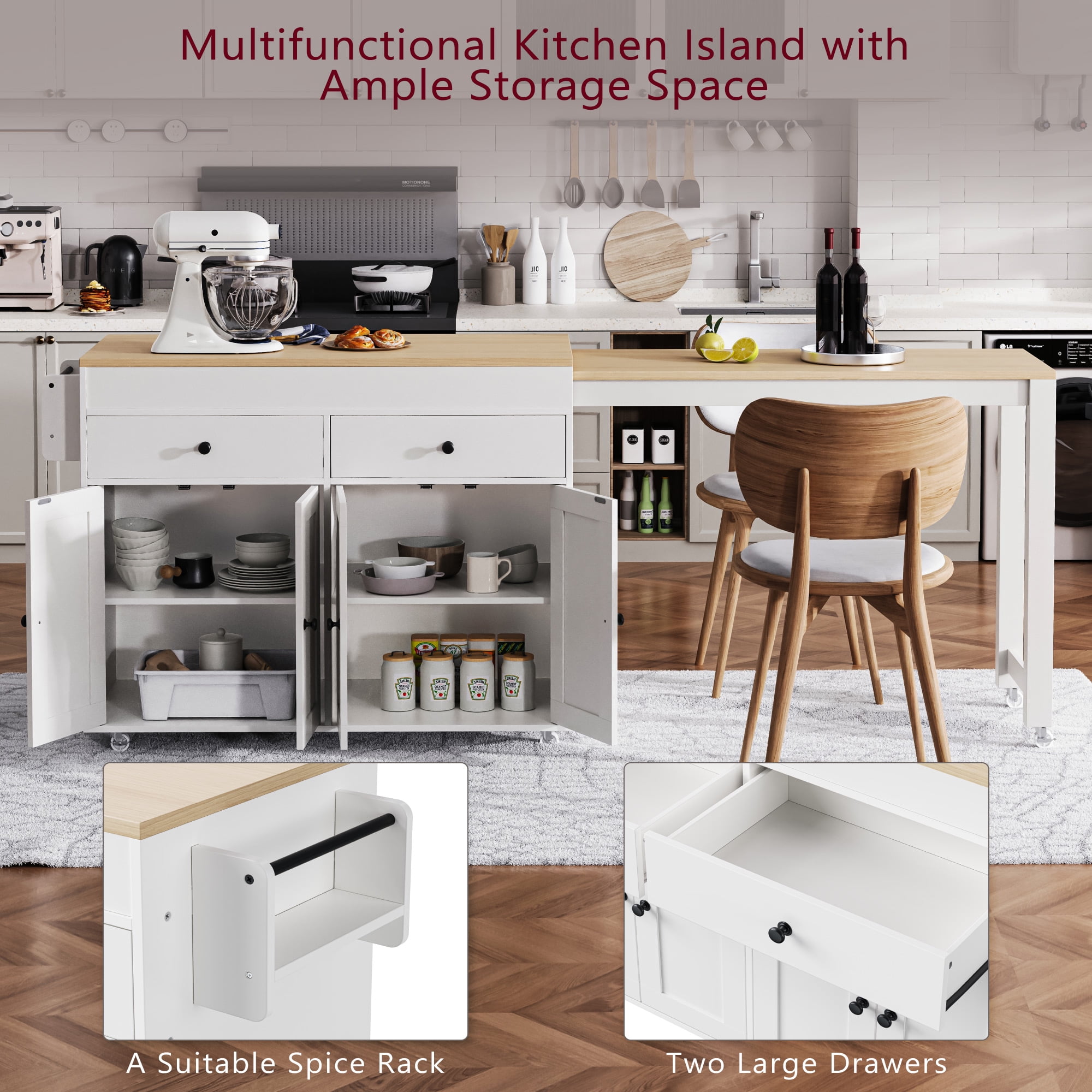 Yoneston 74.5" Rolling Kitchen Island with Extendable Dining Table, Kitchen Storage Cart with Spice Rack and 2 Drawers 4 Doors for Kitchen, Dining Room, White