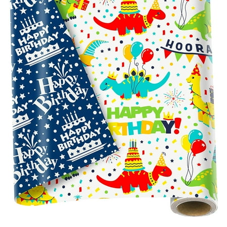MotiGiftie Reversible Dinosaur PresNok Birthday Wrapping Paper Roll for Boys Girls Kids - Colorful Dinosaurs Happy Birthday and Cakes Design - Gift Wrap Paper for Party, Baby Shower, Holiday