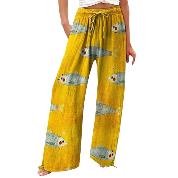 Summer Pants for Women Art Print Cotton Linen Casual Pants Casual Wide Leg Trousers Pockets Womens Pants Casual & Wide Leg
