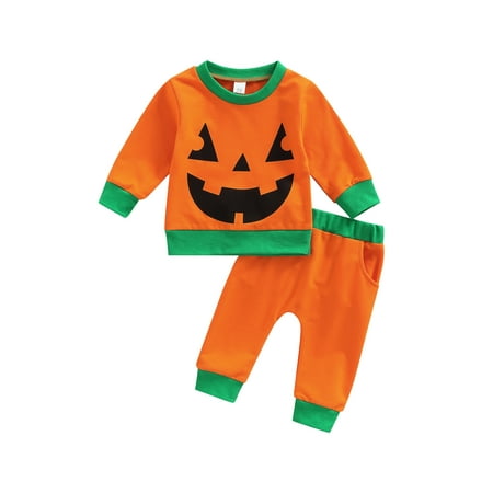 

Chollius Newborn Infant Baby’s T-shirt and Trousers Set Halloween Pumpkin Print Long Sleeve Tops and Contrast Color Long Pants Spring Fall 2Pcs Outfits