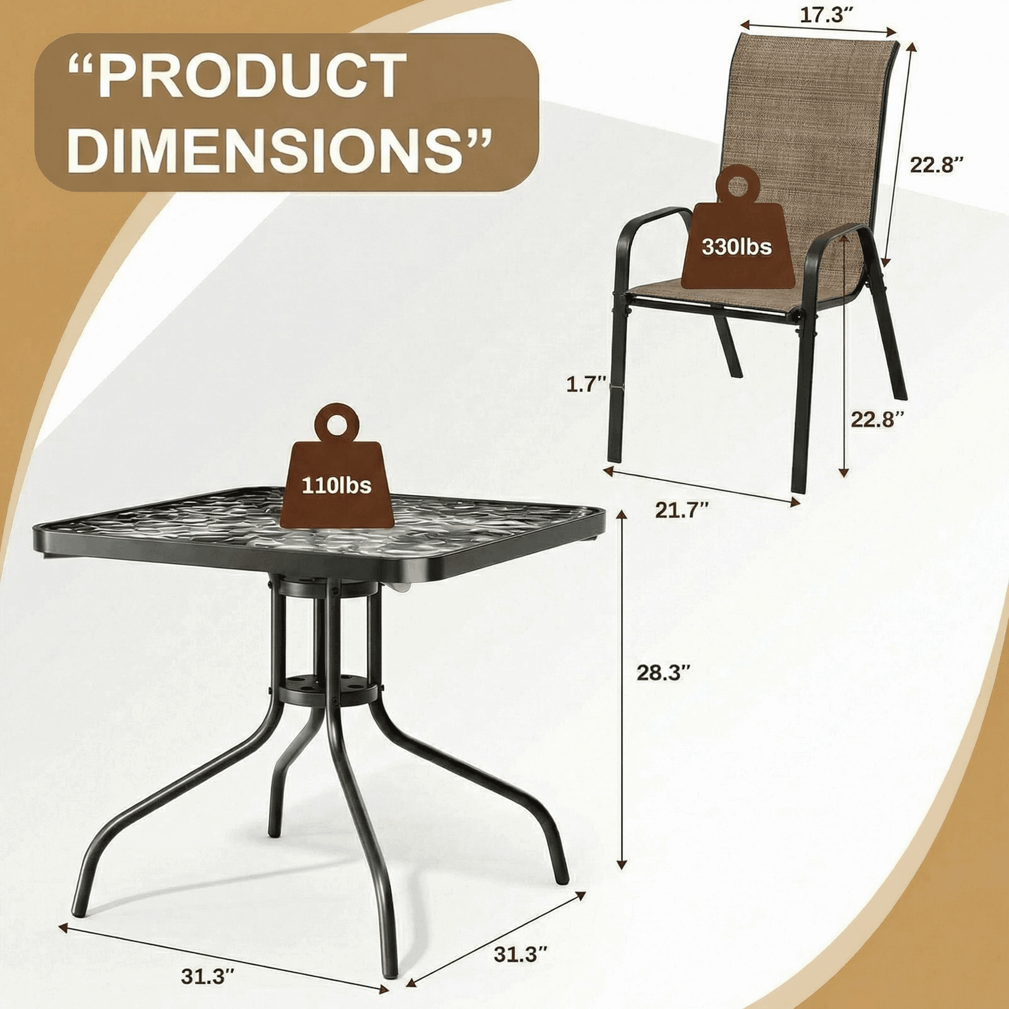 Pirecart 5-Piece Outdoor Patio Dining Set with 4 Textilene Chairs and Square Table, Brown