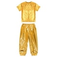 thumbnail image 3 of Hansber Kids Girls Metallic Short Sleeve T-Shirt and Harem Pants Set Jazz Hip Hop Latin Performance Dancewear Gold 13-14, 3 of 7