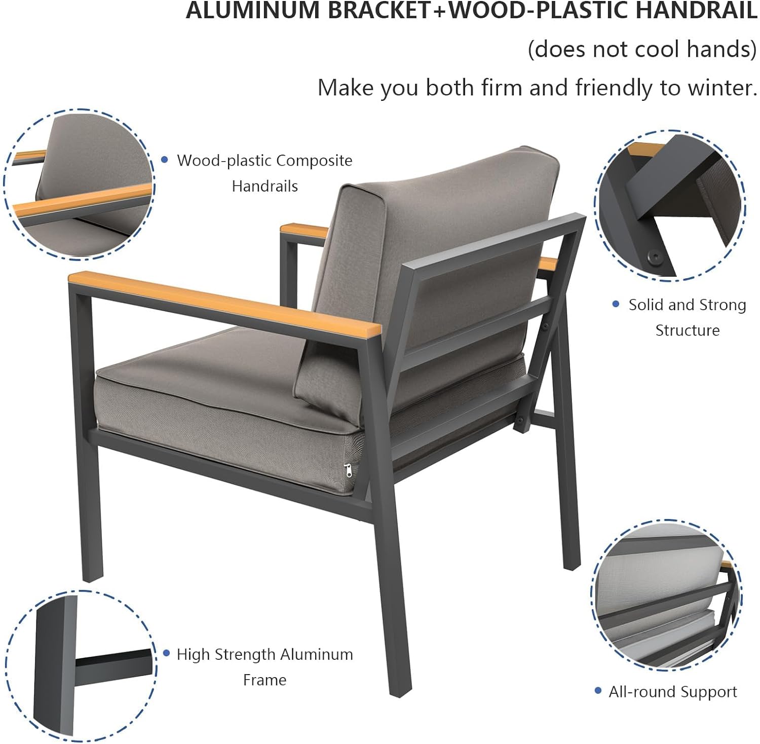 Aluminum Patio Furniture Set 4 Pieces Patio Conversation Set Outdoor Sectional Sofa with Thicken Cushion and Plastic-Wood Coffee Table, Patio Sets Fits Garden Backyard Balcony (Grey)