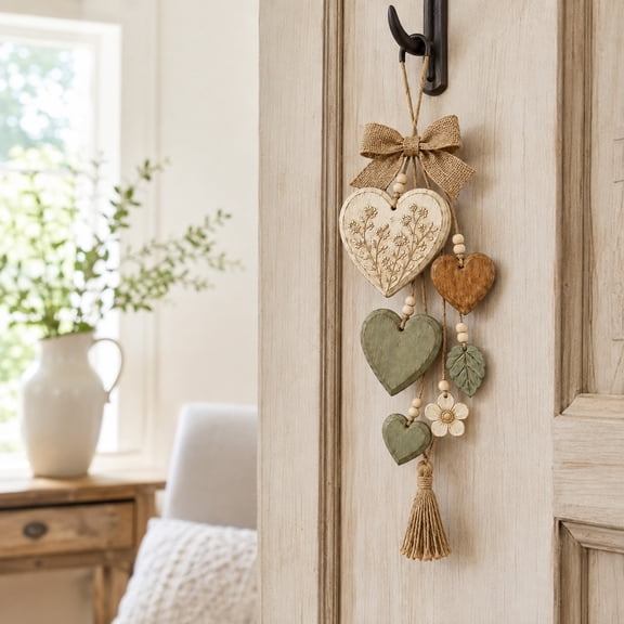 Clearance! Hanging Heart Wall Decor, Rustic Farmhouse Hanging Heart Decoration with 4 Layer Wooden Hearts& leaf flower, Vintage Wood Hearts Trinket Shelf Hangings Art, Rustic Neutral