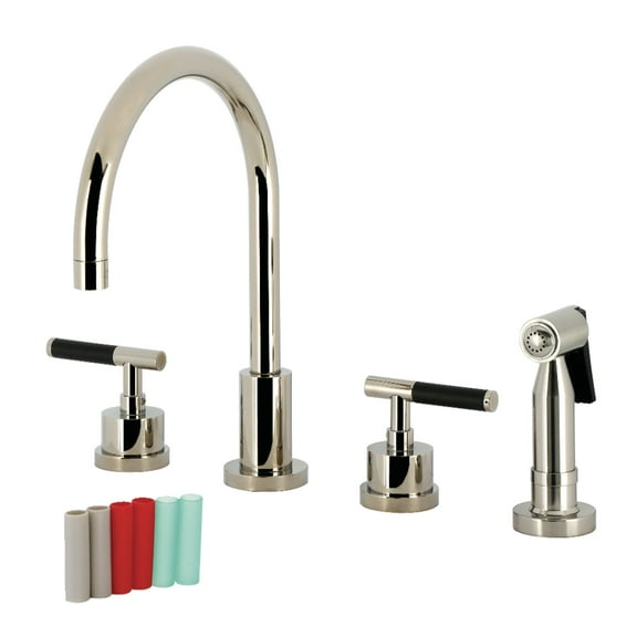 Kingston Brass KS8726CKLBS Kaiser Double-Handle 4-Hole Widespread Kitchen Faucet with Brass Sprayer in Polished Nickel