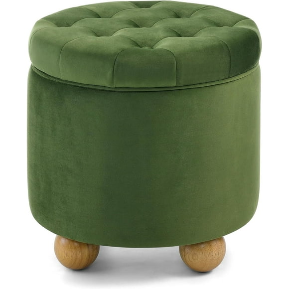 Multi-Functional Round Flannel Button Storage Ottoman with Flip-Top Lid - Convertible Table Top & Hidden Storage Space (Green)