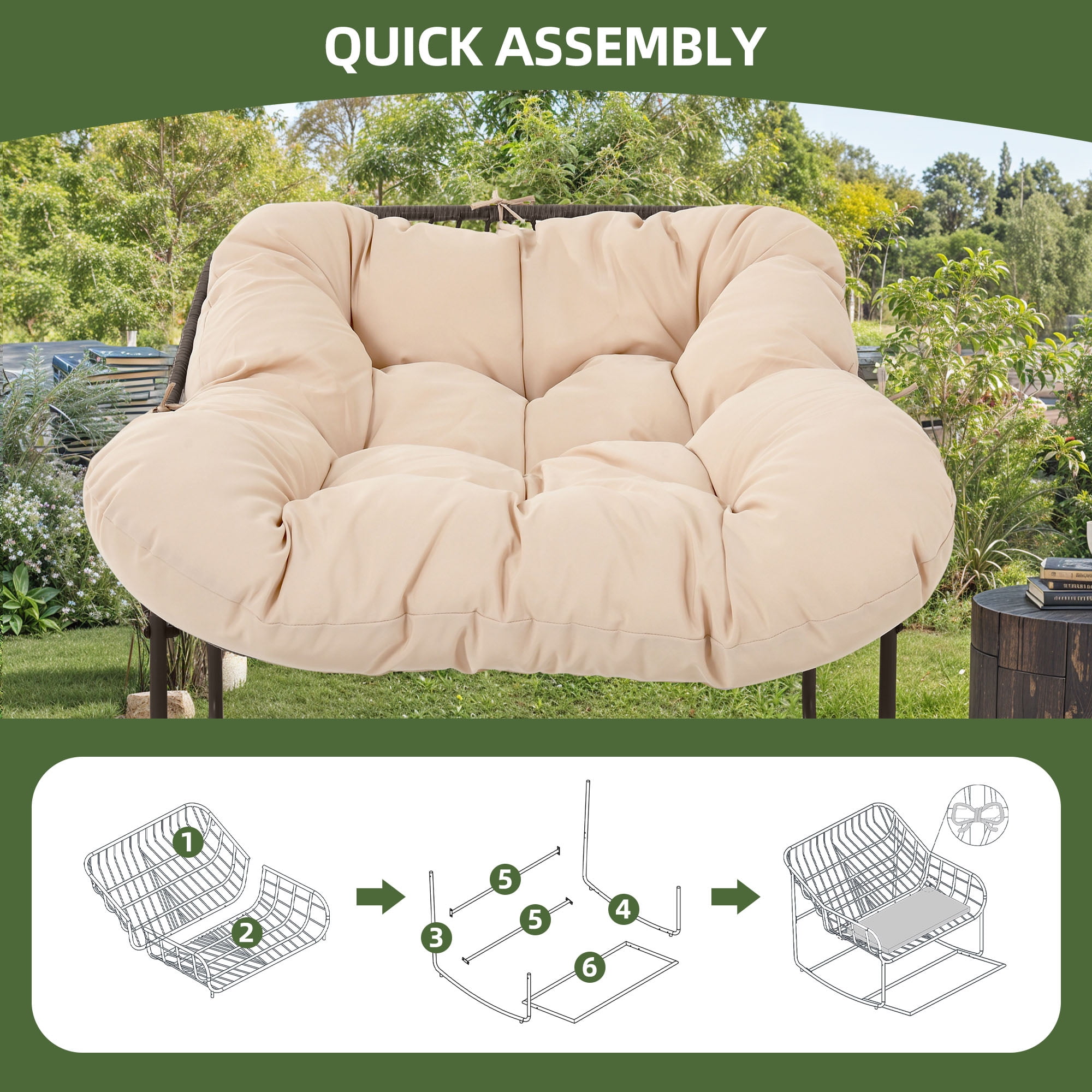 Uforic Outdoor Patio Papasan Rocking Chair with Thick Cushion,Oversized Rocking Chair - Beige