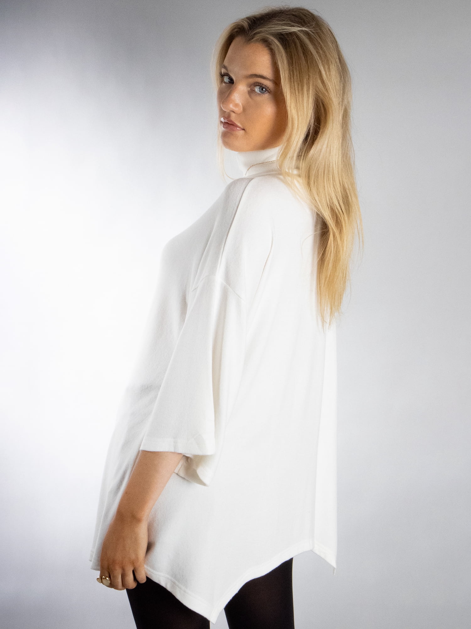 DARING DIVA Women's Stylish Turtleneck Drop Sleeve Sweater M White