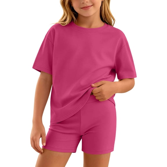 BXJX Girls Summer Outfit Sets, Short Sleeve Crew Neck 2 Piece T-Shirt and Shorts Set Hot Pink Size 14-16 T