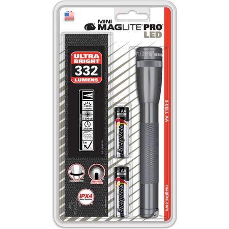 SP2P09H Mini PRO LED Flashlight with 2 AA Alkaline Batteries and Belt Holster, 272 Lumens, Gray