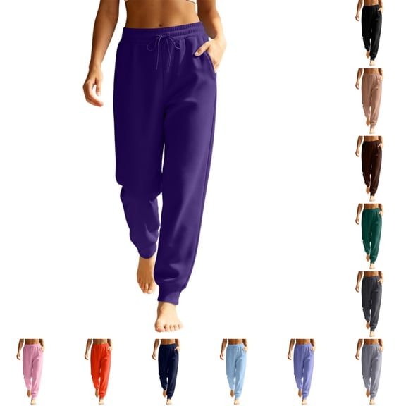 Womens Tapered Joggers Stylish Casual Waist Elastic Drawstring Sweatpants Winter Soft Comfy Solid Color Sweatpants with Pockets Purple 2XL