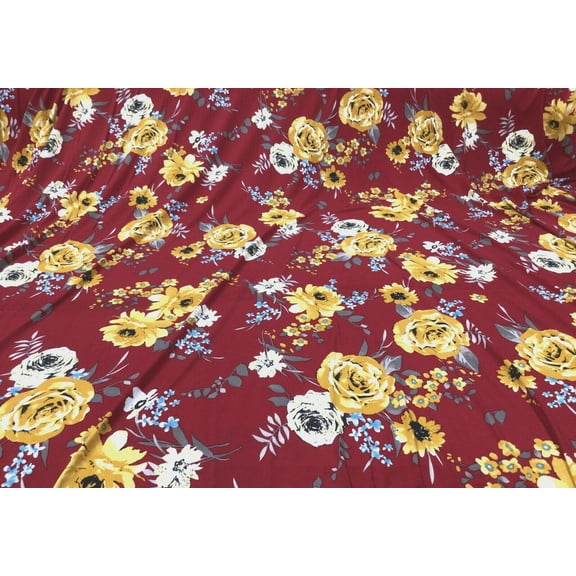 Printed DTY Spandex Stretch Apparel Fabric Golden Yellow Dark Red Floral I312