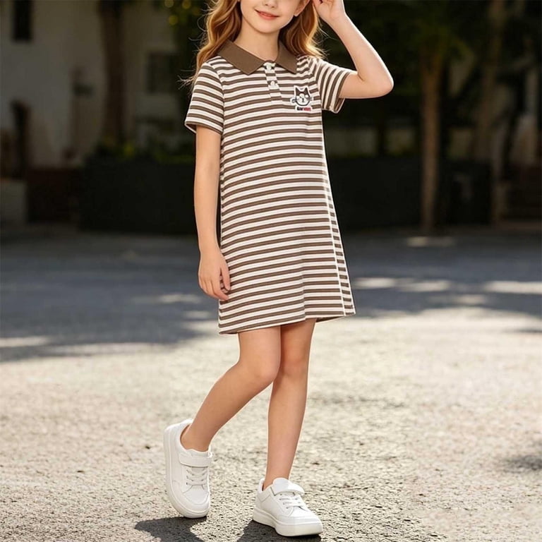 DJDLJWCJ Little Girls Summer Dress Stripe Printed Lapel Casual Dress Stretch Soft Short Sleeve Dress Pink Size 12M