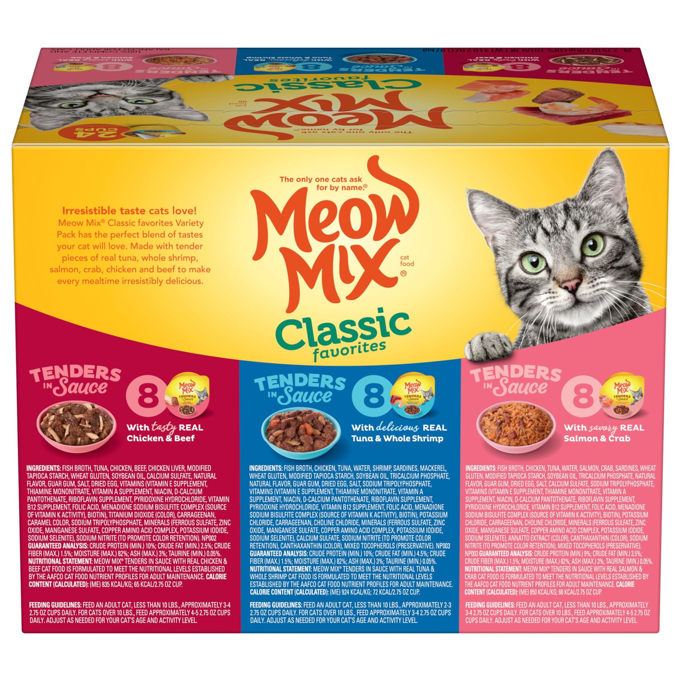 (2 pack) Meow Mix Tenders in Sauce Wet Cat Food Variety Pack, Classic Favorites, 24 Cups, 2.75 oz Each