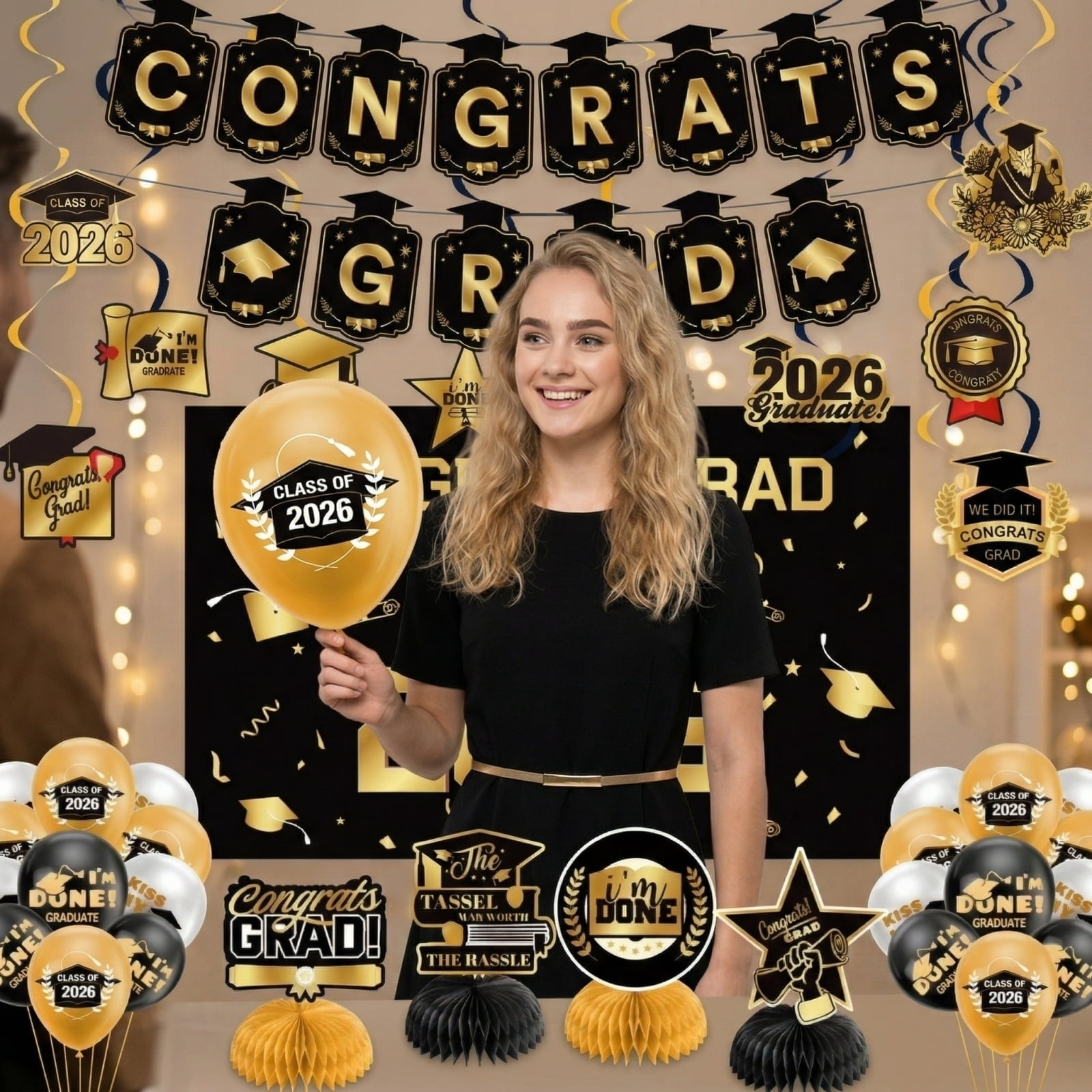 Graduation Party Decorations Set - Congrats Grad Black Gold 2026 Decor with Banners, Hanging Swirls, Backdrop, Honeycomb Decor, Balloons for High School College Grad Party