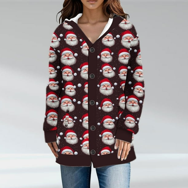 Cárdigan informal de punto con estampado navideño para mujer, chaqueta con botones y abrigo para mujer