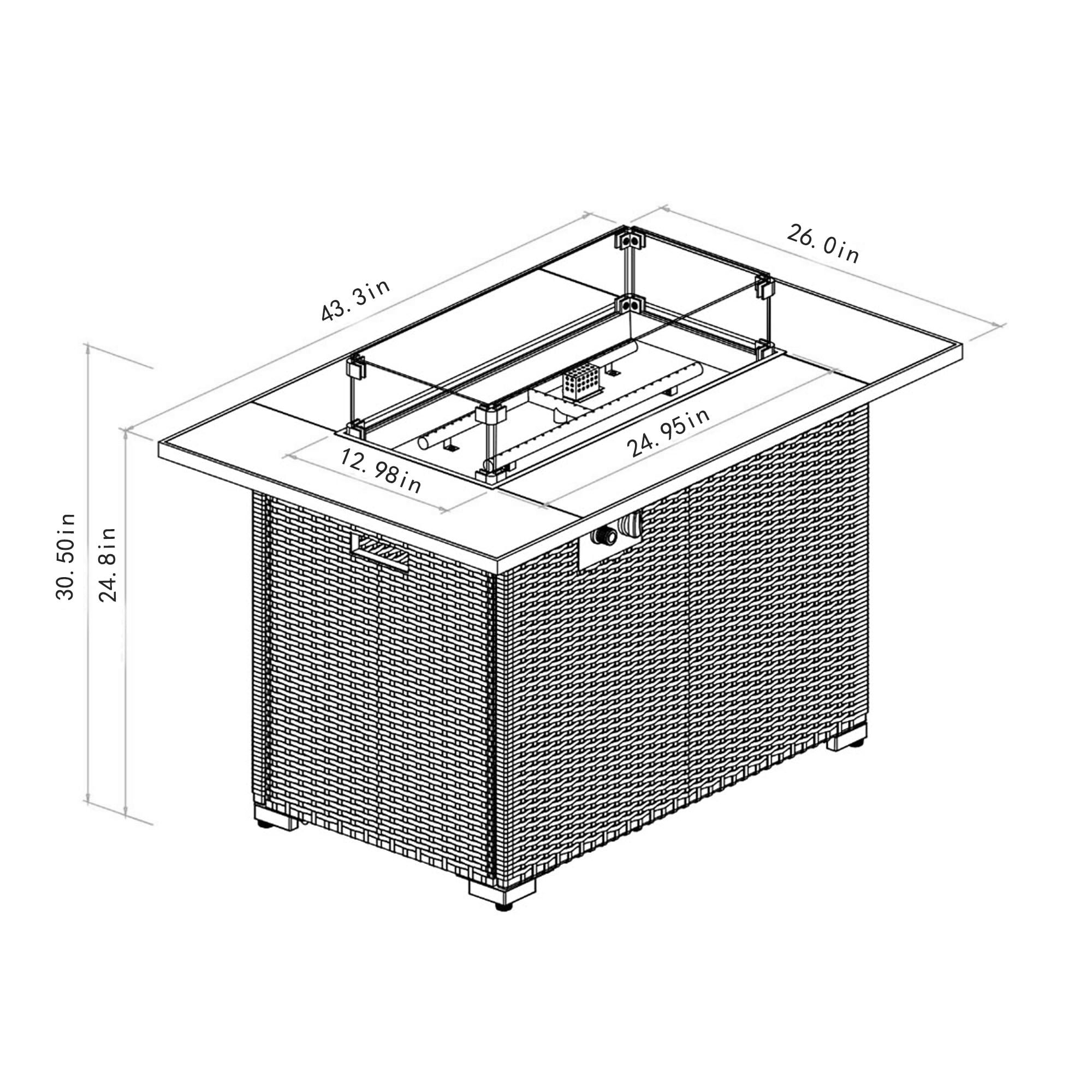 Lisonu 44" Propane Gas Fire Pit Table, 50000 BTU Rectangular Fire Pit, Tile Tabletop with Beautiful Wicker Base for Outside Patio Deck Garden Courtyard-Brown