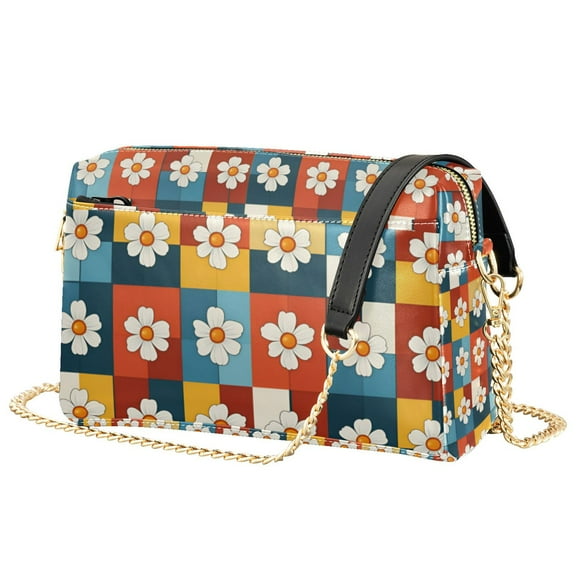 FORMRS Women Crossbody Purse with Chain Strap Vegan Leather Shoulder Handbag, Yellow Checkered Daisy