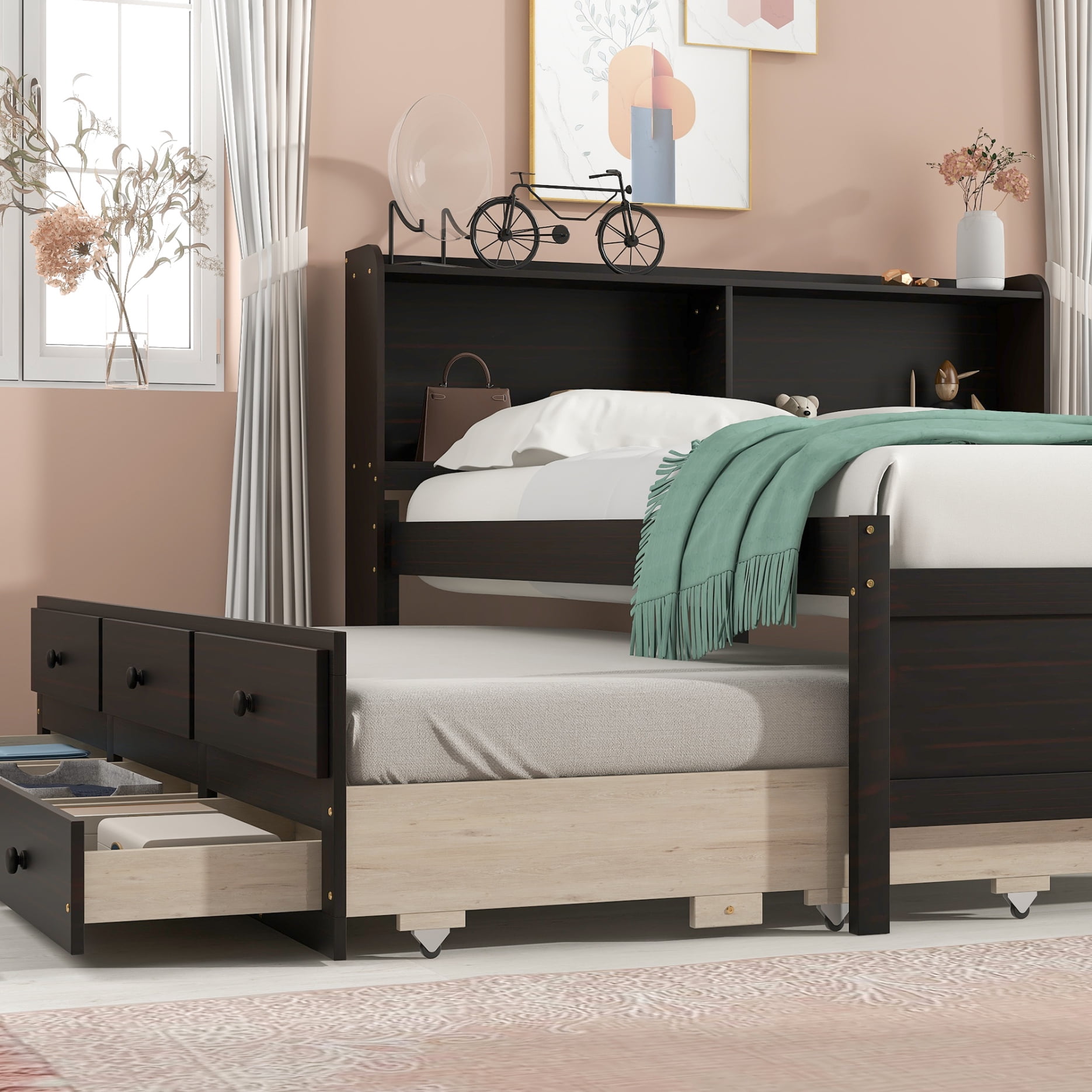 Full Bed with Trundle & 3 Drawers & Bookcase Headboard for Kids Teens Adults, Platform Bed Frame