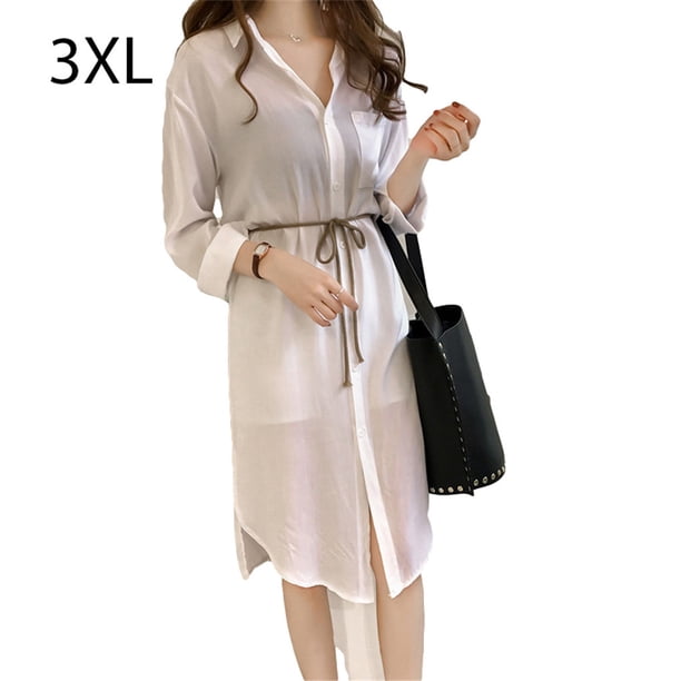 Vestido camisero Vestido midi de gasa transpirable con bolsillo informal de manga larga, Blanco, 3XL Inevent AP001472-05B