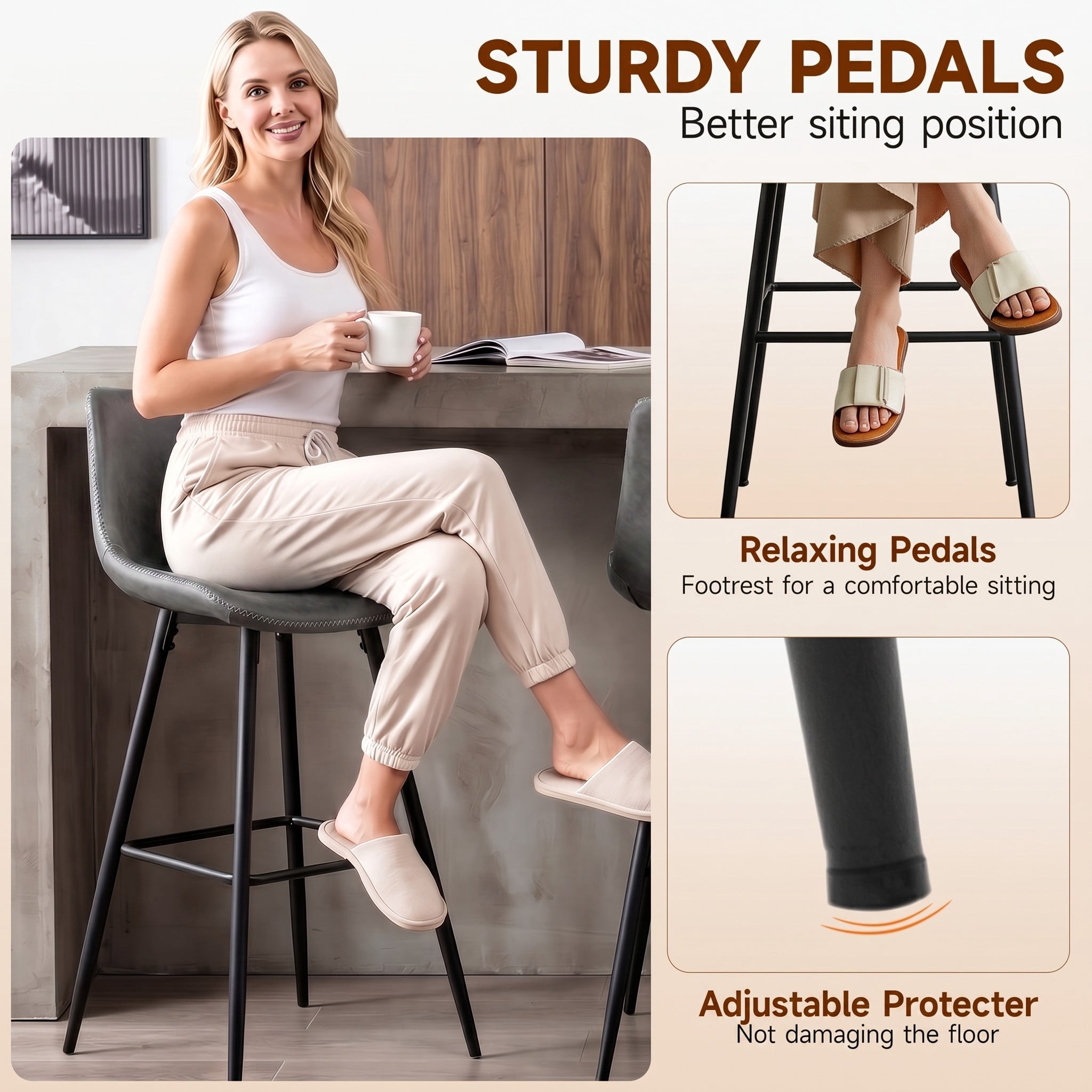 COOLHUT 24 Inch Bar Stools Set of 2, Counter Height Bar Chair with Footrest, Upholstered Faux Leather Bar Chair, Counter Stools with Sturdy Metal Legs, Heather Gray