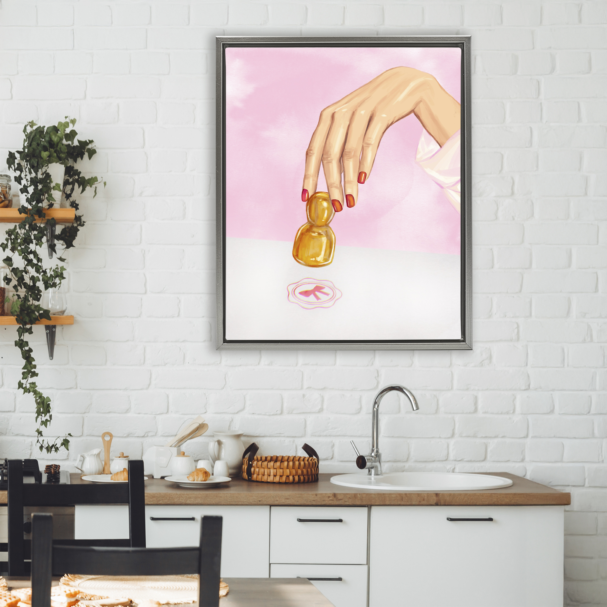 Pink Bow Fashion Stamper Gray Framed Floater Canvas Wall Art, design by Ziwei Li