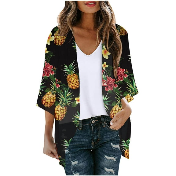 CFLVAEK Summer Cardigans for Women Lightweight 3/4 Sleeve Chiffon Loose Fit Open Front Beach Vacation Cardigan Fashion Floral Print Cardigan Black XL