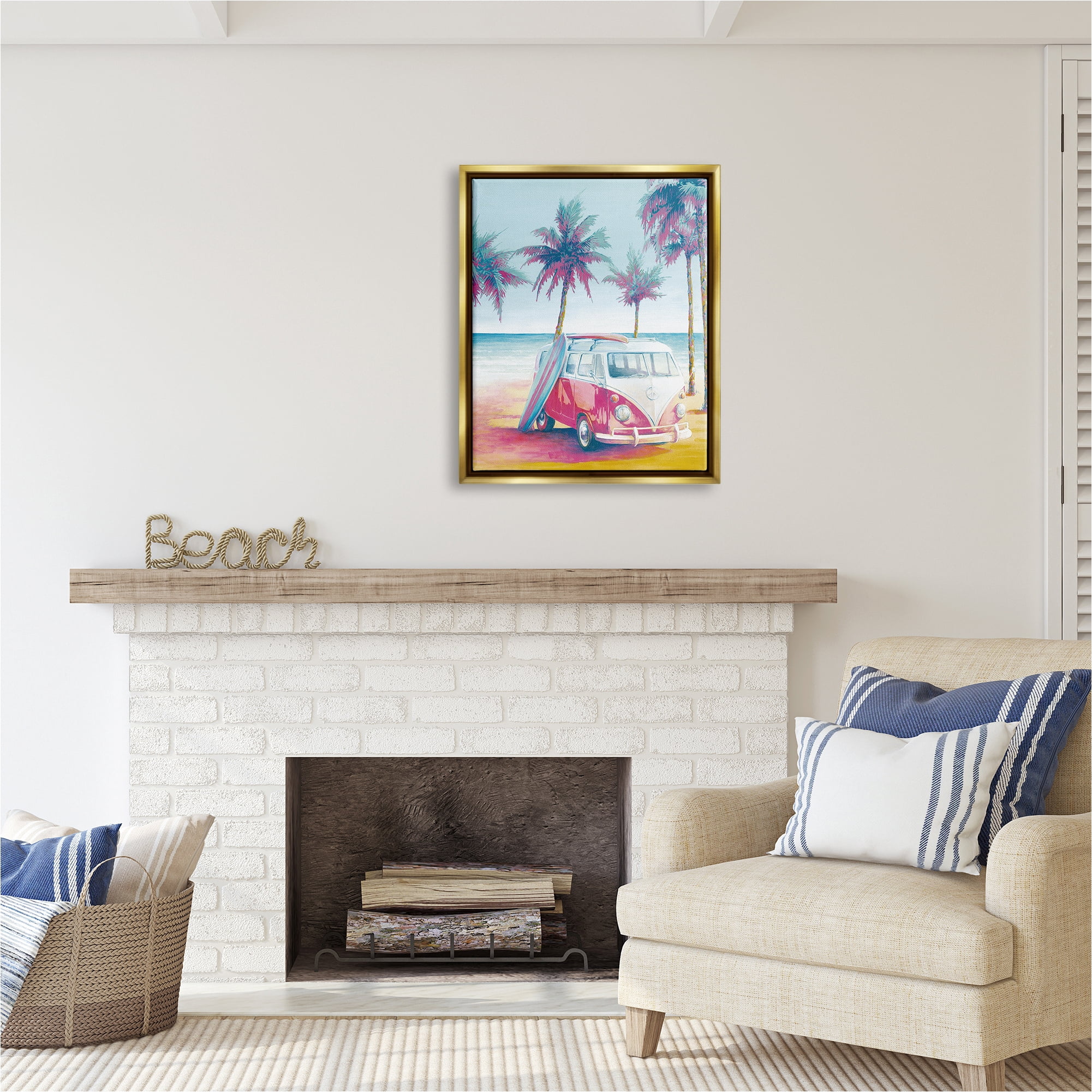 Stupell Industries Tropical Minibus on Beach Transportation Painting Gold Floater Framed Canvas Art Print Wall Art, 25 x 31