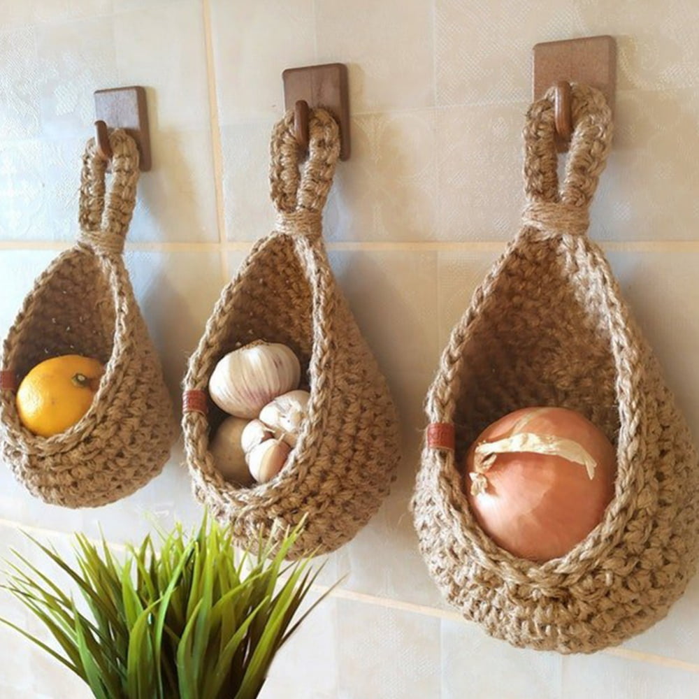 Teardrop Hanging basket 100% Handmade in USA Jute, Small-Large Wall Organizer Decorative Indoor Outdoor Storage Kitchen Garden Vegetables Fruits Plants 